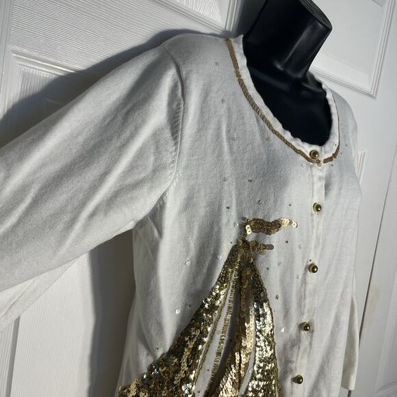 Vintage Y2K Jack B Quick Cardigan Women Extra Large White Gold Sequins Sailboat - Picture 3 of 11